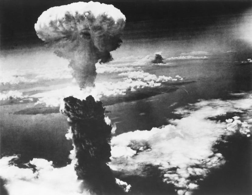A photo of a mushroom cloud of an atomic bomb exploded over Nagasaki, Japan, on August 9, 1945. World War II